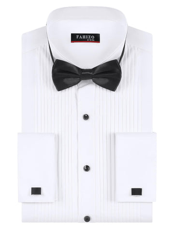 FAHIZO Men's White Tuxedo Shirt with Wing Collar, French Cuffs & Accessories