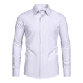 The FAHIZO Mens Dress Shirt features a regular fit, long sleeves, blue and white stripes, a pointed collar, buttoned cuffs, and stretch fabric. Displayed on a white background, this breathable casual shirt offers comfort and style.