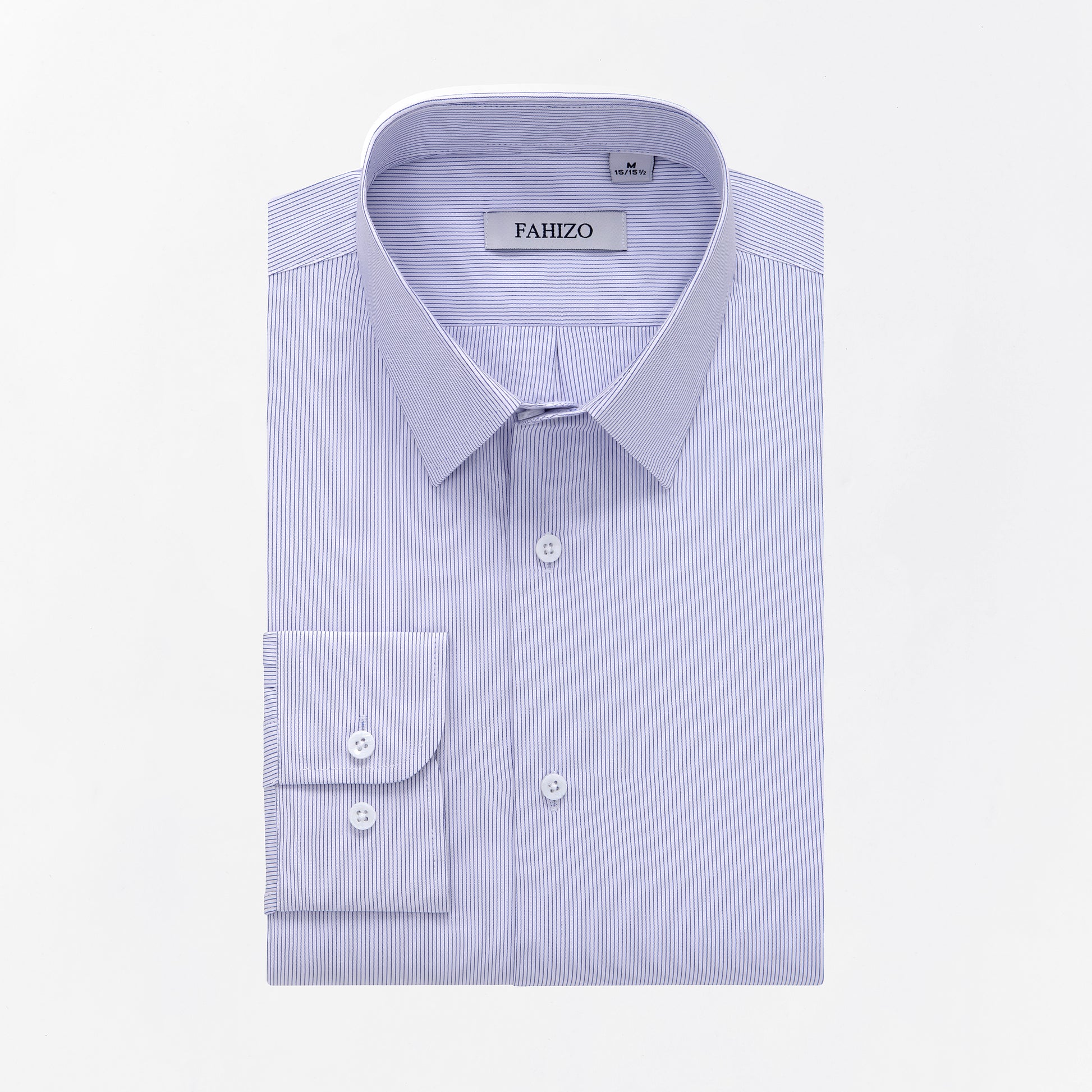 The FAHIZO Mens Dress Shirt is a regular fit, long-sleeve style with blue and white stripes, a classic collar, buttoned cuffs, and a visible FAHIZO label inside the collar.